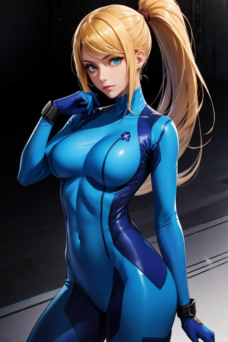 379110-885062165-absurdres, best quality, 1girl, solo, eye focus, looking at viewer, samus aran, ponytail, hair tie, blue gloves, blue bodysuit ,.png